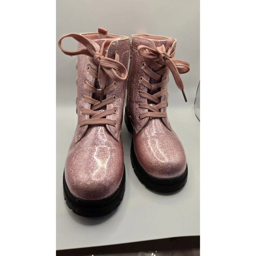 Girls Pink Glitter Combat Boots Heart Detail Lace Up Side Zip Chunky Sole US 5